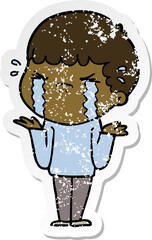 distressed sticker of a cartoon man crying