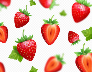 Red strawberry with green leaves falling on transparent background. Blurred flying strawberry berries. Vector 3d realistic illustration.