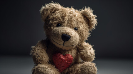 Cute shy vintage teddy bear, plush toy, sitting, holding heart, looking at camera, cartoon character. AI generated