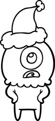 line drawing of a cyclops alien spaceman wearing santa hat
