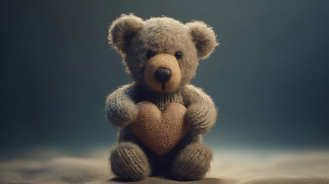 Cute shy vintage teddy bear, plush toy, sitting, holding heart, looking at camera, cartoon character. AI generated