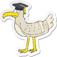 retro distressed sticker of a cartoon seagull with graduate cap