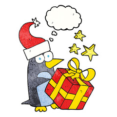 thought bubble textured cartoon christmas penguin with present