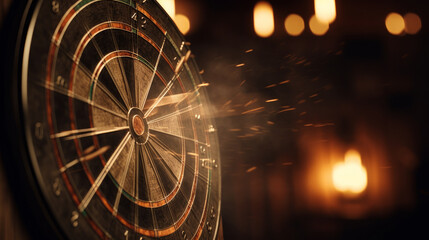 Dart board target in burning flames close up on dark. Al generated