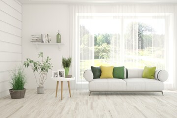 Bright interior design with modern furniture and summer landscape in window. 3D illustration