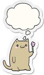 cute cartoon cat with flower and thought bubble as a printed sticker