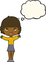 cartoon woman waving with thought bubble