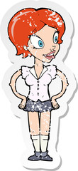 retro distressed sticker of a cartoon happy woman in short skirt