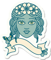 tattoo sticker with banner of female face with crown of flowers