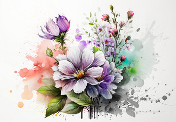 A bouquet of flowers is on a white background. Flower painting, watercolor flowers. Generative AI