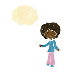 cartoon happy woman with thought bubble