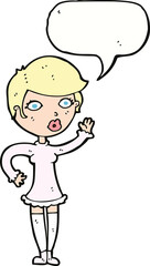 cartoon pretty woman waving with speech bubble