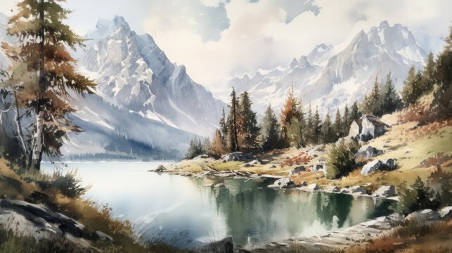 illustration of the alps with beautiful lake in front of it, watercolor masterpiece,Generative AI.