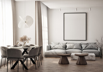 Mockup poster frame on the wall of living room. Luxurious apartment background with contemporary design. Modern interior design. 3D render, 3D illustration