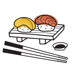 Hand drawn nigiri sushi meal, with soy sauce and chopsticks, isolated vector illustration in line doodle design