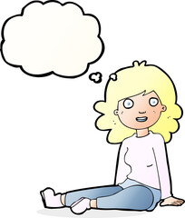 cartoon happy woman with thought bubble