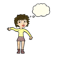 cartoon friendly woman waving with thought bubble