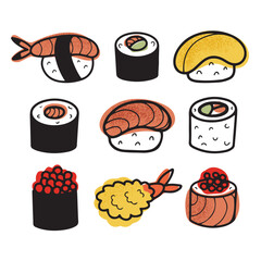 Hand drawn set with different roll and nigiri sushi types, isolated vector illustration in doodle line design