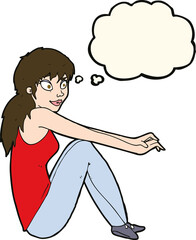 cartoon happy woman sitting with thought bubble