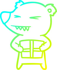 cold gradient line drawing angry bear cartoon with gift