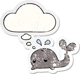cute cartoon whale and thought bubble as a distressed worn sticker