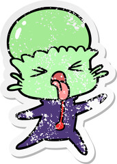 distressed sticker of a weird cartoon alien