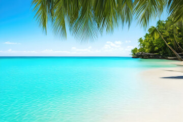 Naklejka na ściany i meble Tropical view with palm trees and beautiful turquoise sea and beach with white sand, tropical vacation landscape. Generative Ai.