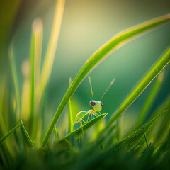 Little cute ant in the green grass. Generative AI