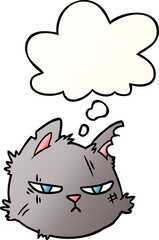 cartoon tough cat face and thought bubble in smooth gradient style