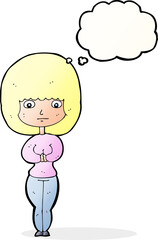 cartoon shy woman with thought bubble