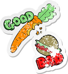 retro distressed sticker of a cartoon good and bad food