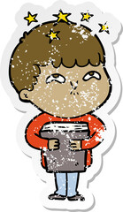 distressed sticker of a cartoon amazed boy