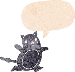cartoon cat and speech bubble in retro textured style