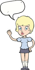 cartoon pretty girl waving with speech bubble