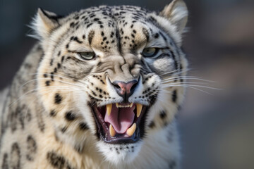 Fototapeta na wymiar angry snow leopard with ears back and showing teeth looking at camera.