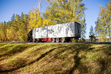 Fototapeta na wymiar A truck with a refrigerated semi-trailer transports perishable goods against the backdrop of a forest along a country road. Copy space for text
