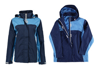 Blue raincoat with a hood. Open zipper. Isolated image on a white background. Nobody. Front view.
