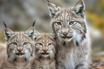 Obraz premium lynx with her cubs looking at the camera.