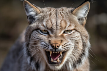 Fototapeta premium angry lynx with ears back and showing teeth looking at camera.