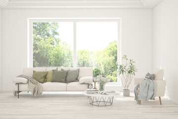 Modern interior concept with sofa and summer landscape in window. 3D illustration