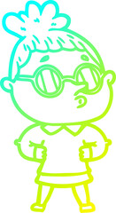cold gradient line drawing cartoon woman wearing glasses