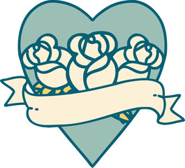 tattoo style icon of a heart and banner with flowers