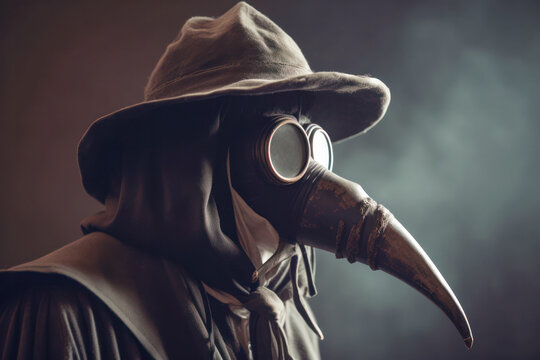 A plague doctor wearing a beaked mask against a solid dark color studio background, urging the return to traditional roots and time-tested practices over ineffective modern medicine. Generative AI