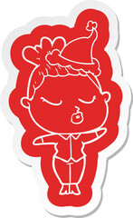 cartoon  sticker of a calm woman wearing santa hat