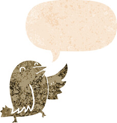 cartoon bird and speech bubble in retro textured style