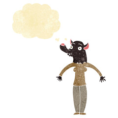 cartoon friendly werewolf woman with thought bubble