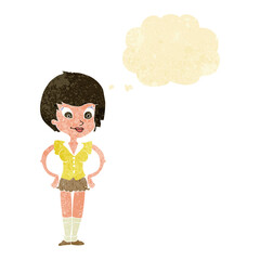 cartoon pretty woman with hands on hips with thought bubble