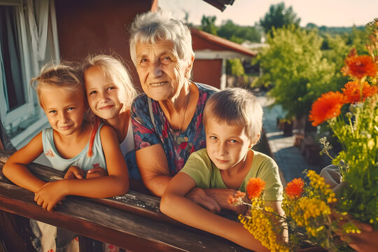 Family photography portrait of grandparents and grandchildren girls and boys on a bench porch of a wooden house in summer. Generative AI.