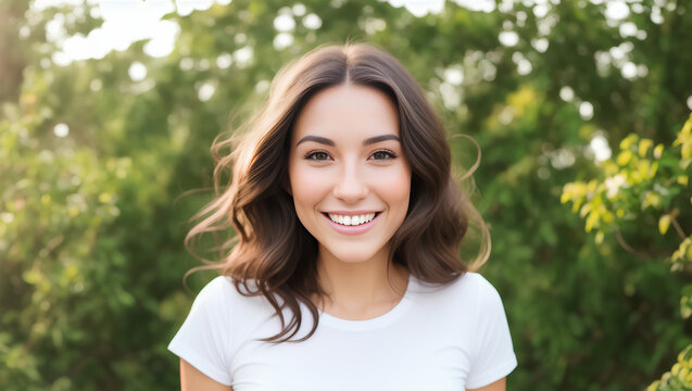 Portrait of young natural woman with smile, brown hair, white t-shirt and green blurry background. Generative AI