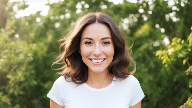 Portrait of young natural woman with smile, brown hair, white t-shirt and green blurry background. Generative AI